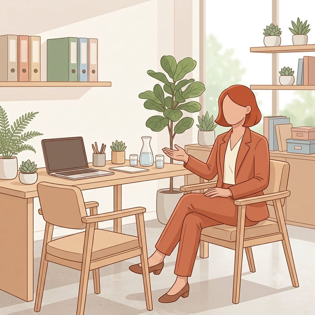 Illustration de Coco assise devant une chaise vide, symbolisant l’écoute, la disponibilité et l’accompagnement personnalisé proposé par Coraline, assistante indépendante.